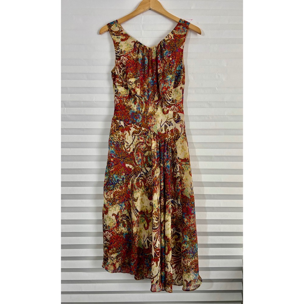 Evan-Picone Lined Abstract Paisley Sleeveless Midi Dress 12P Asymmetric Cinched